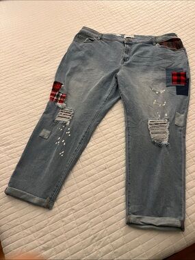 Lane Bryant Distressed w/Patchwork & Bleach Spatter Cuffed Boyfriend Blue Jeans